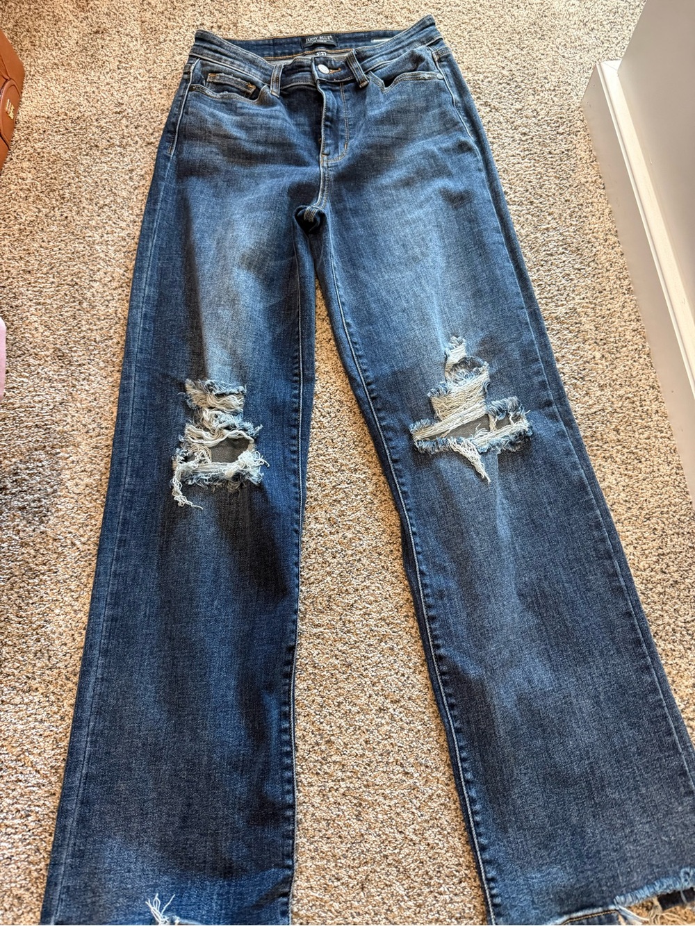 Judy Blue Distressed Straight-Leg Jeans - Dark Blue